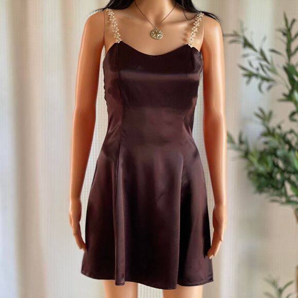 Vtg Y2K Jessica McClintock Gunne Sax Brown Satin Mini Dress Daisy Straps Sz 5/6 - Picture 2 of 9